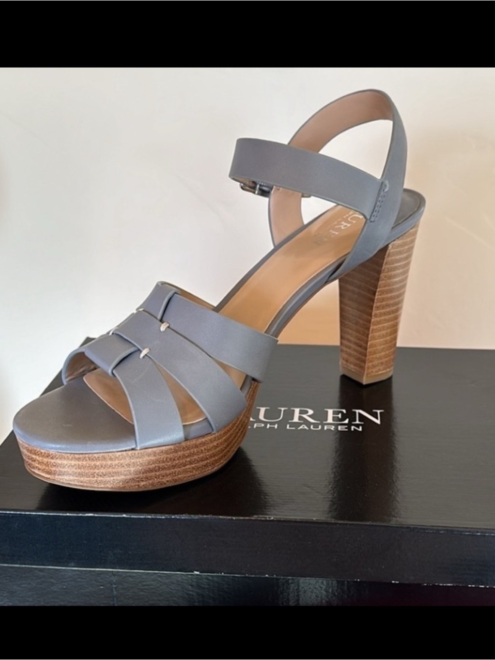 NWT Lauren Ralph Lauren Soffia Heel Sandal Ocean Gray Womens Sz 9 $155